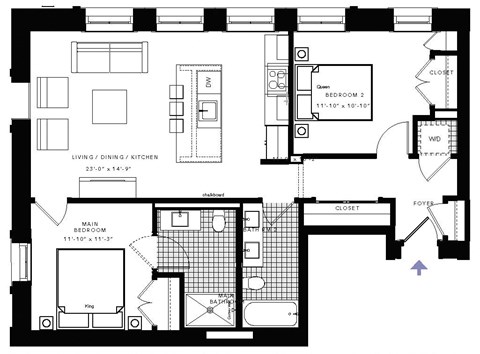 Floor plan for 2 beds, 2 baths, 976 sqft